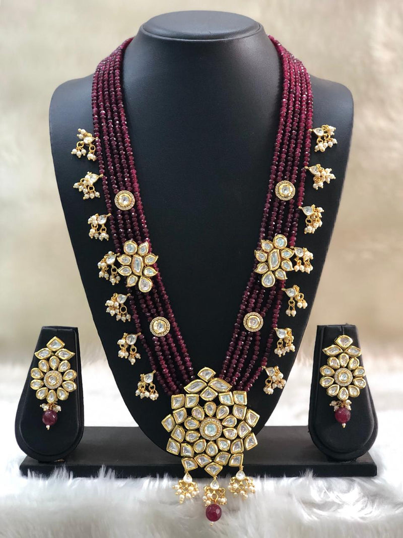 Gracefully Kundan Maroon Beaded Necklace Set