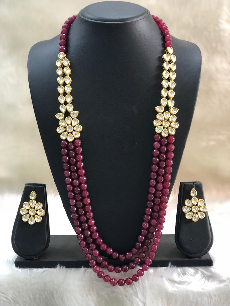 Maroon Beaded Three stranded Centric Pendant Necklace Set