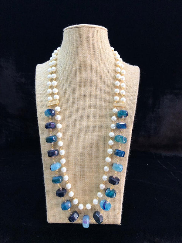 Two Layered Blue Gemstone Pearl Necklace