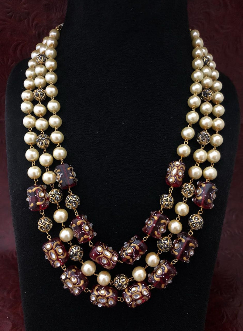 Intriguing Multistranded Mahogany Pearl Meena Necklace
