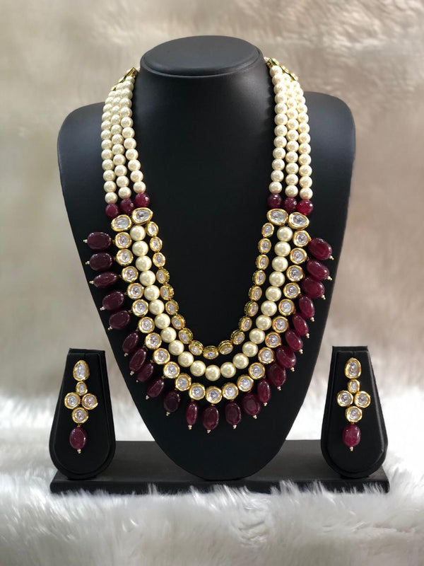 Heavily Maroon Kundan Necklace Set
