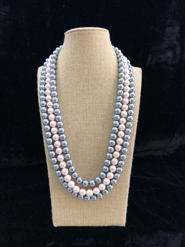 Glitzy Three Layered Silver Pearl Necklace