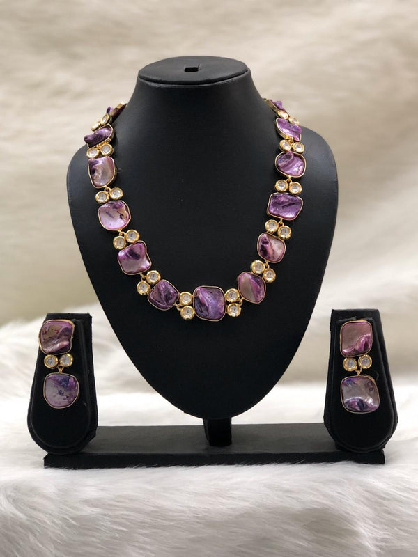 Preamble Purple Kundan Gemstone Necklace Set