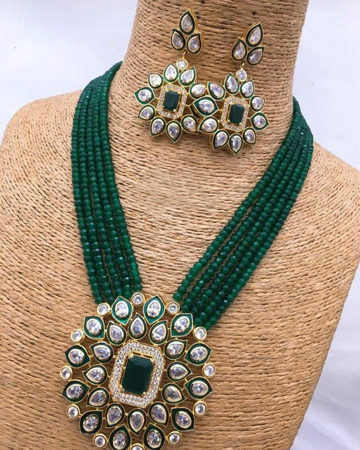 Green Crystal Decorative Kundan Necklace Set